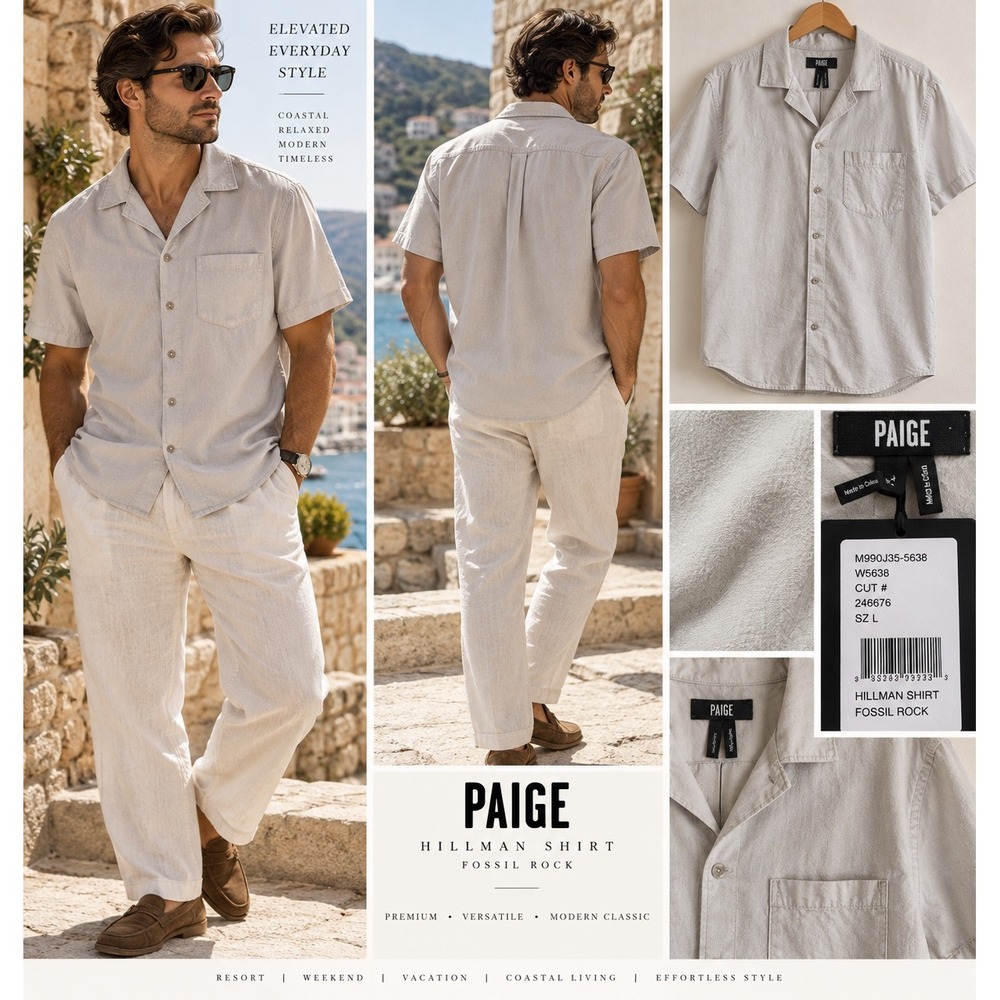 PAIGE Hillman Shirt Mens L Fossil Rock Cotton Camp Collar Resort Casual NWT